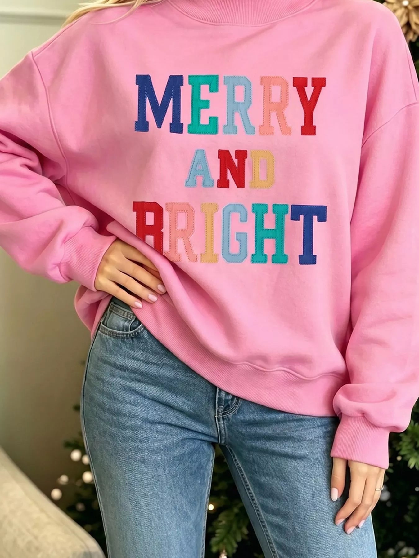 MERRY AND BRIGHT stitched letter mock neck sweatshirt alternate view