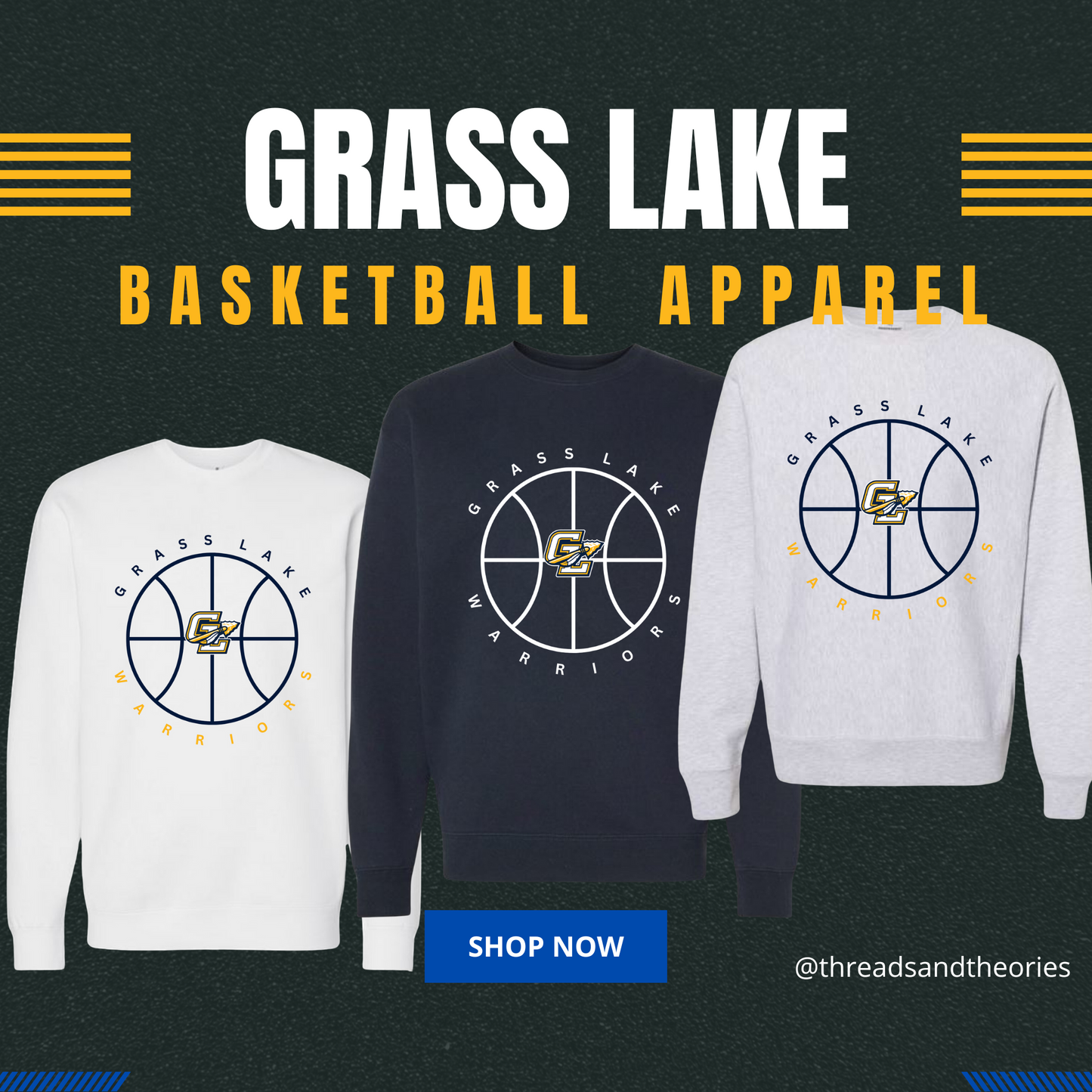 UNISEX & youth Comfy Grass Lake Warriors Basketball Crewneck