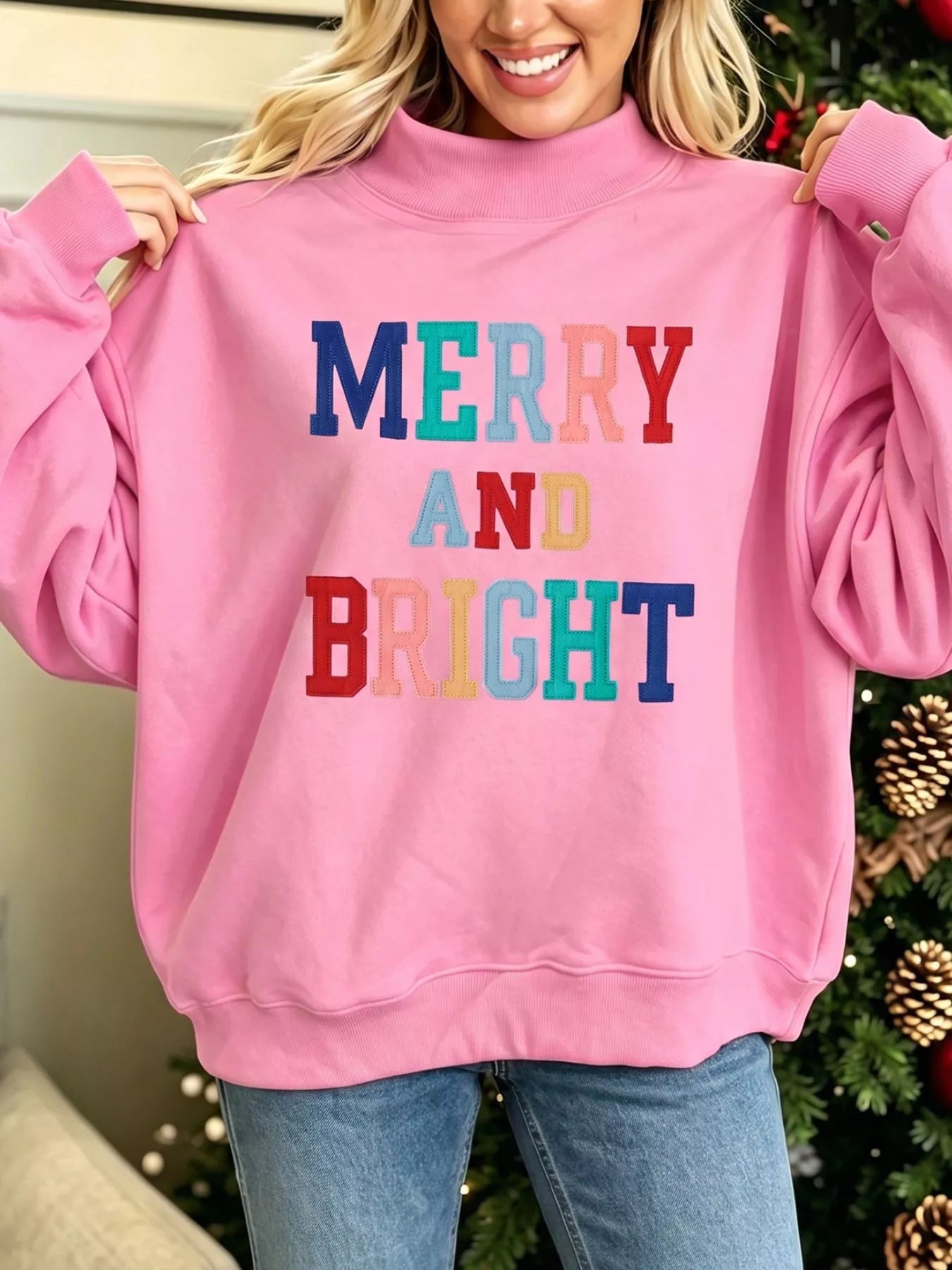 MERRY AND BRIGHT stitched letter mock neck sweatshirt alternate view
