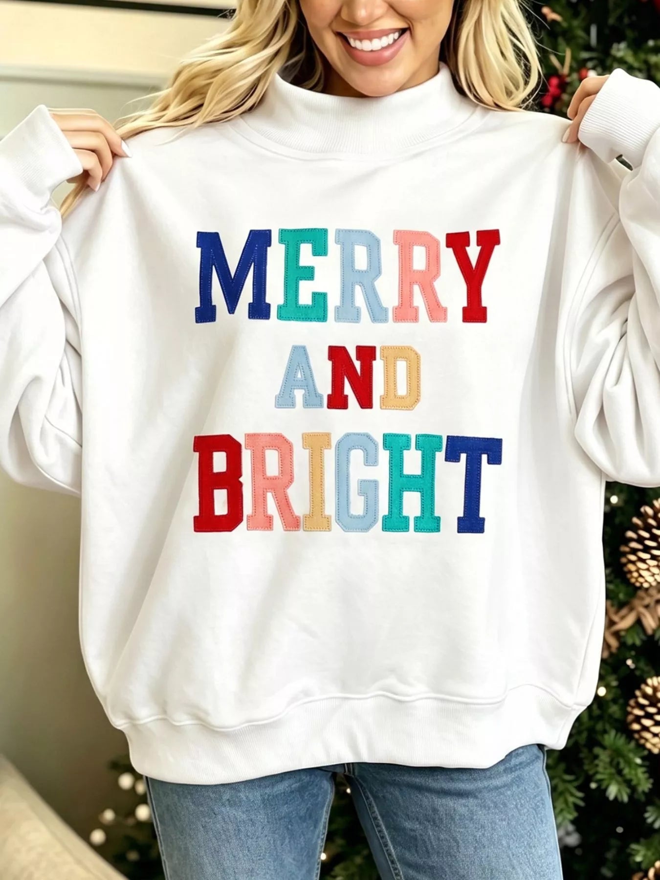 MERRY AND BRIGHT stitched letter mock neck sweatshirt alternate view