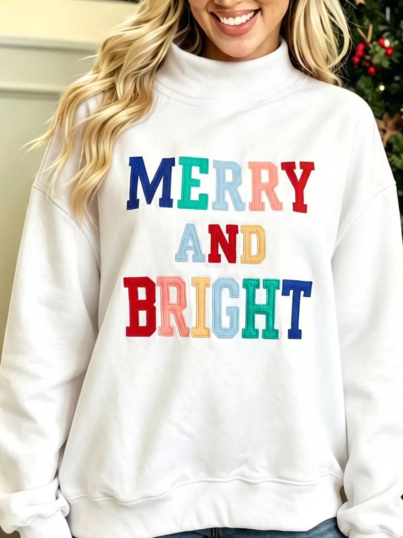 MERRY AND BRIGHT stitched letter mock neck sweatshirt alternate view