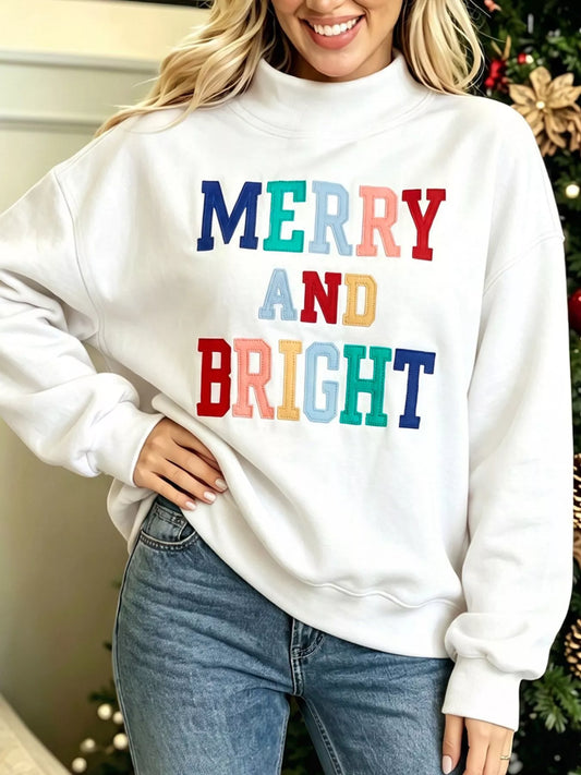 MERRY AND BRIGHT stitched letter mock neck sweatshirt in white
