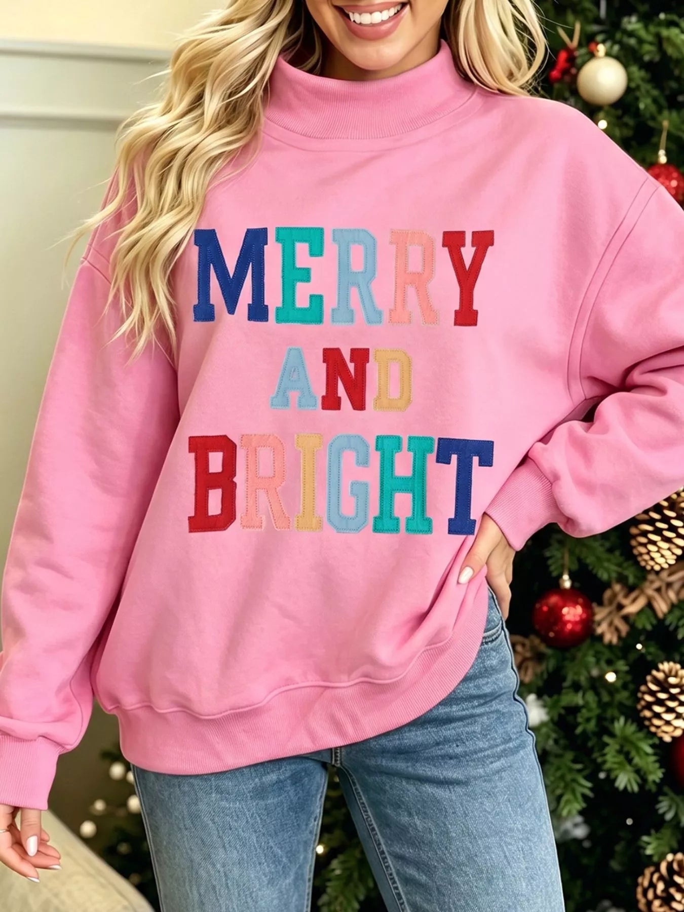 MERRY AND BRIGHT stitched letter mock neck sweatshirt alternate view