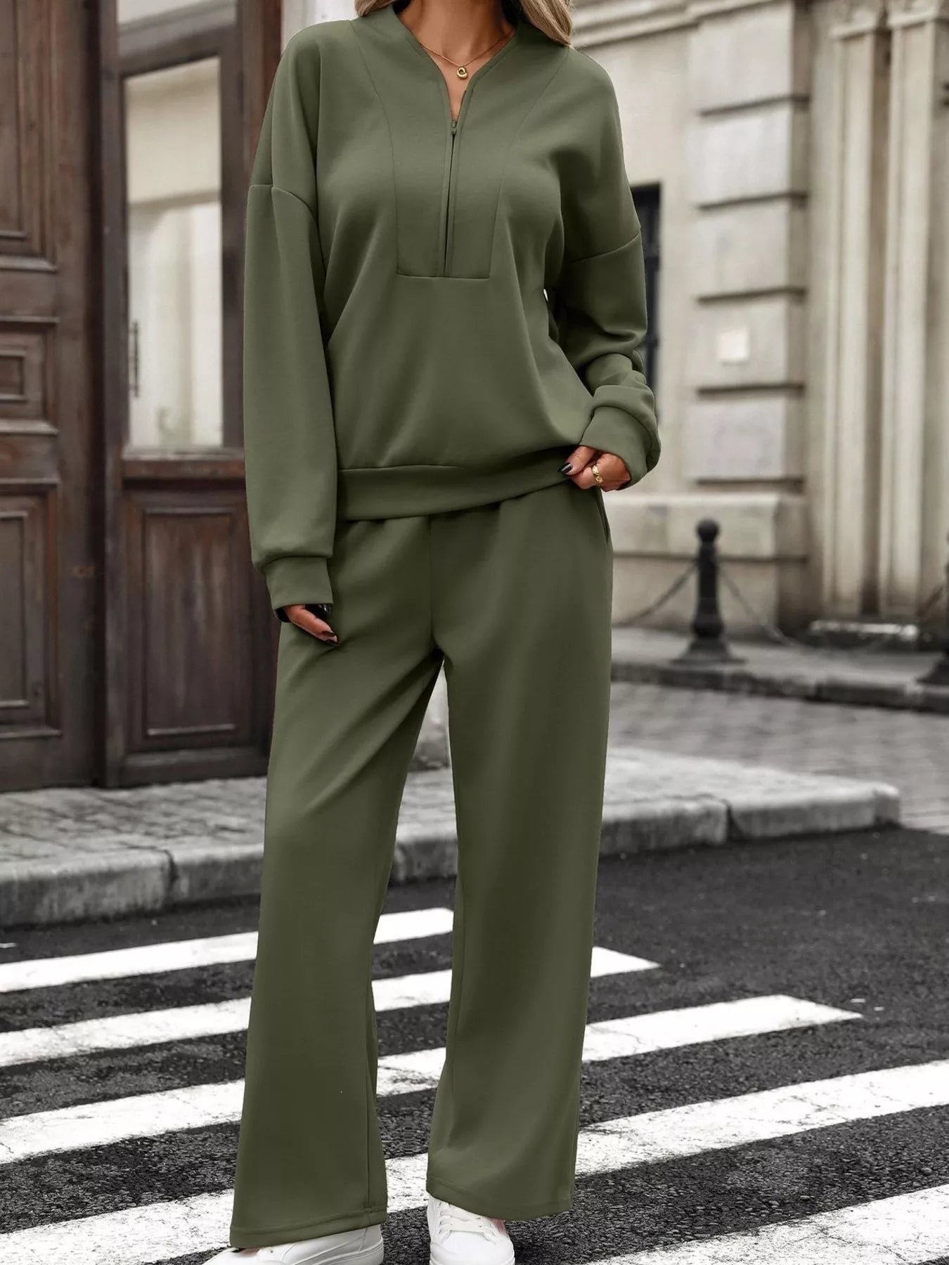 Half-zip sweatshirt and wide-leg pants set in army green