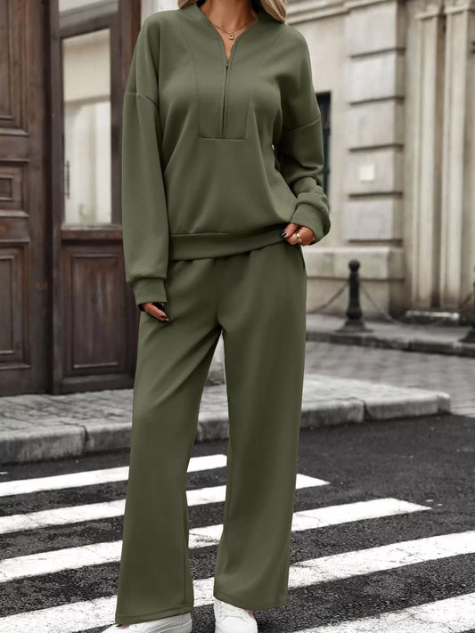 Half-zip sweatshirt and wide-leg pants set in army green