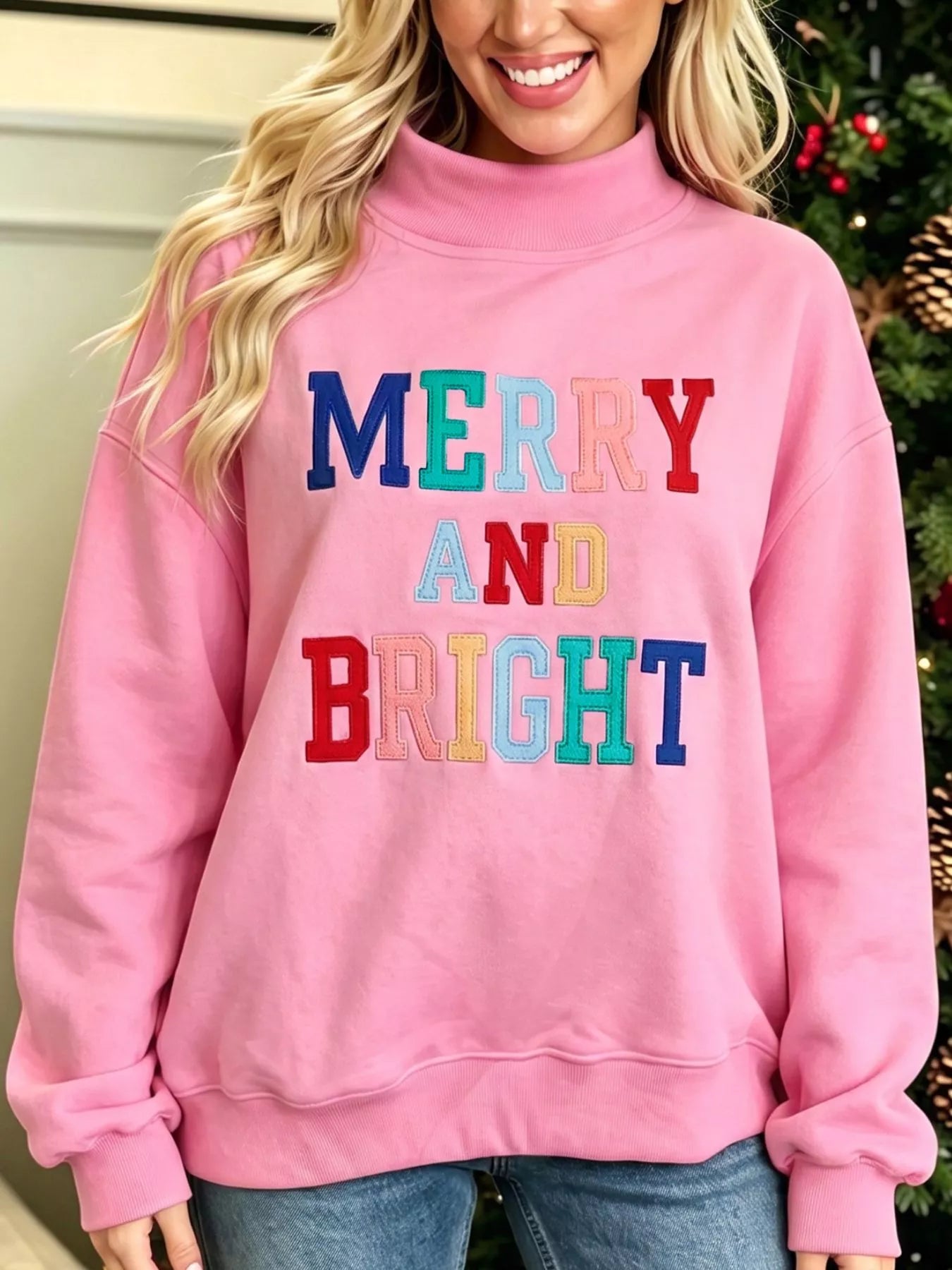MERRY AND BRIGHT stitched letter mock neck sweatshirt alternate view