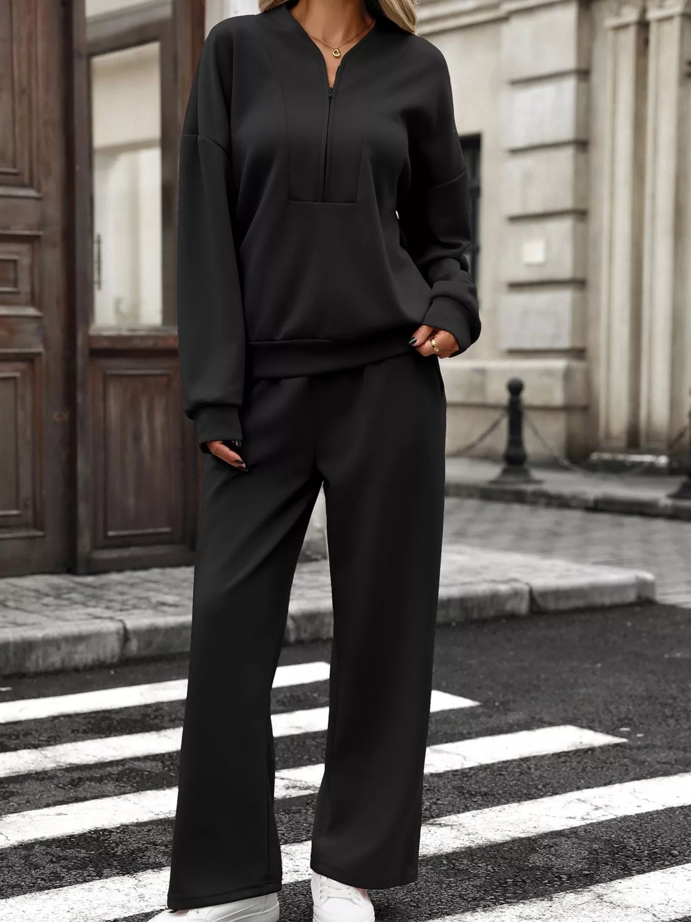 Half-zip sweatshirt and wide-leg pants set alternate view