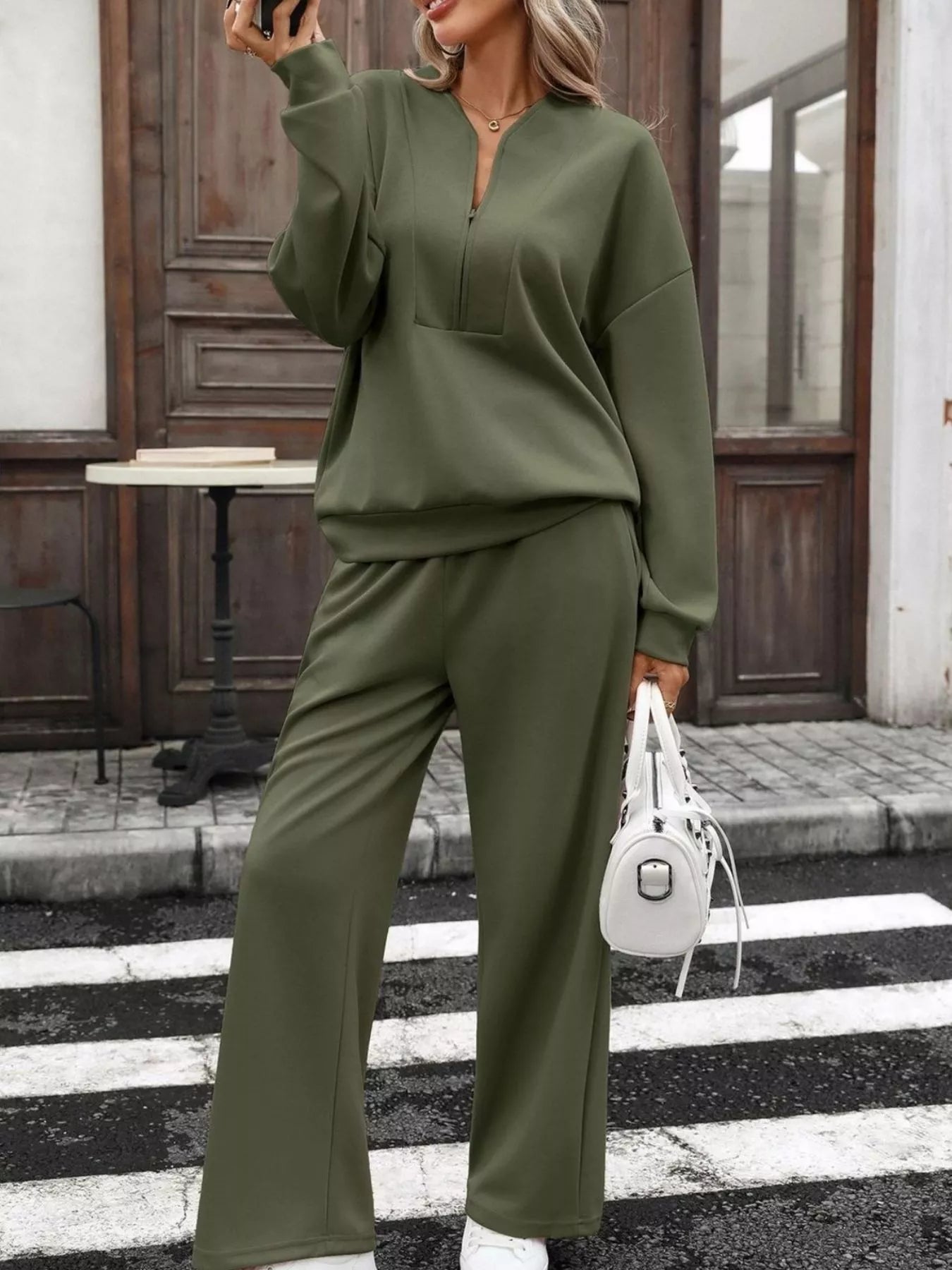 Half-zip sweatshirt and wide-leg pants set alternate view